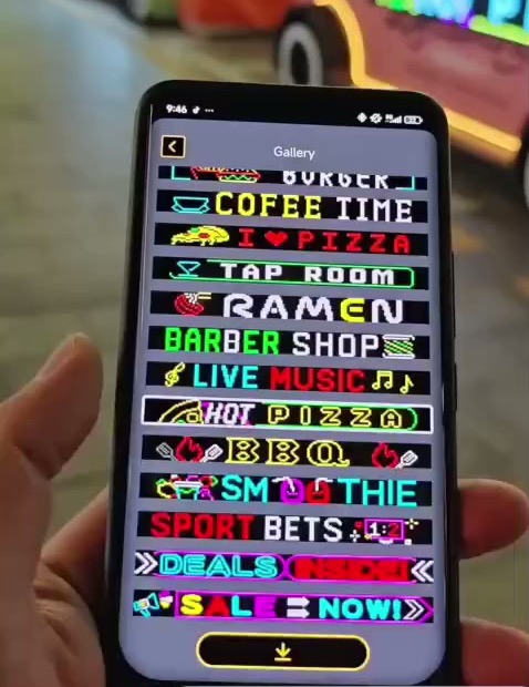Najcos LED sign phone app showing a gallery of ready-made animations